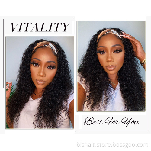 Wholesale Headband Brazilian Hair Half Curly Wig 150 Density Natural Black Deep Wave Machine Made Headband Wig For Black Women